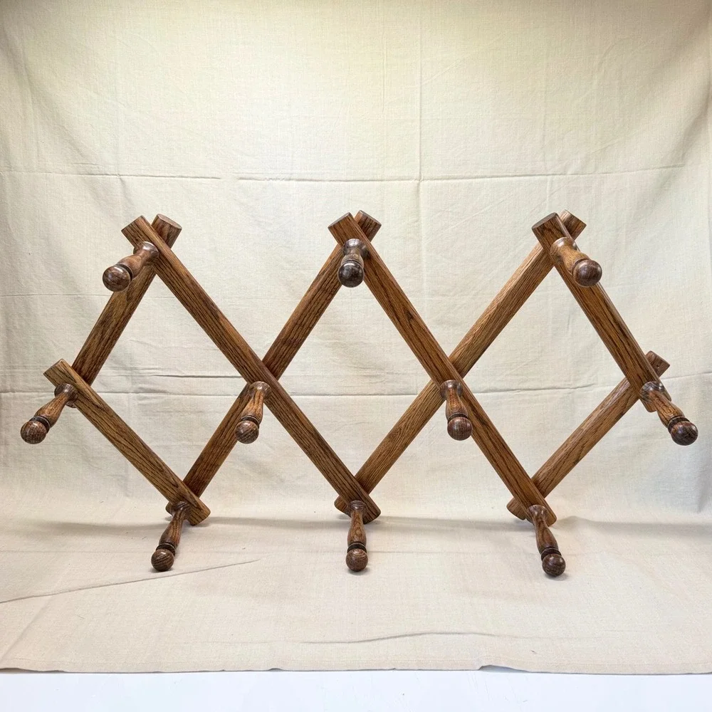 Vintage Wooden Accordion Wall Rack Expandable Peg Entryway Coat Hooks Solid Oak